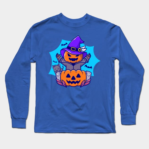 Cute Witch Pumpkin Halloween With Cat And Bat Cartoon Long Sleeve T-Shirt by Catalyst Labs